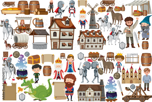 Medieval characters buildings set