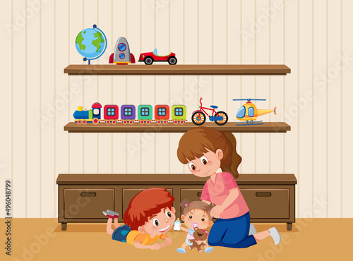 Living room scene with children cartoon character