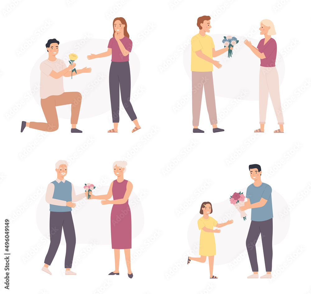 Men different ages give bouquet of flowers Men different ages give bouquet of flowers