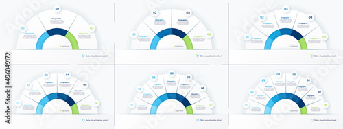 Vector round infographic chart templates in the form of semicircle. 3 4 5 6 7 8 options