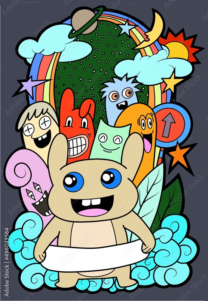 Naklejka premium hand drawn doodle Funny monsters Doodle and ribbon space for text.
