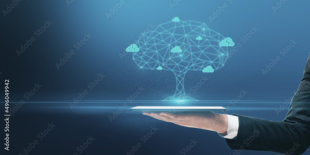 Close up of businessman hand holding tablet with abstract digital polygonal cloud tree on white blue background with mock up place. Computer, data and security concept.