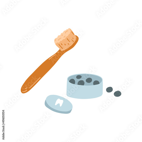 Bamboo wooden toothbrushe and solid toothpaste in tablets in cartoon flat style for healthy teeth cleaning. Zero waste biodegradable material. Eco-friendly natural products isolated on white