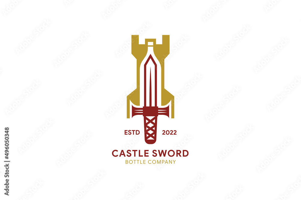 castle bottle sword logo design template using gold and red maroon colors isolated in white background