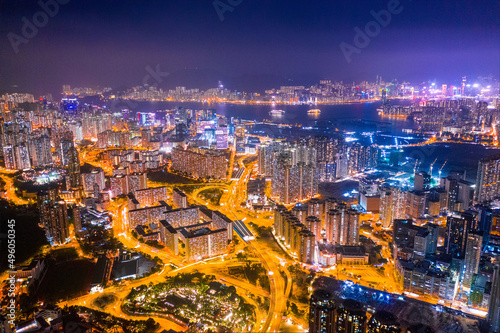 Night of Kowloon district, under the lion rock mountain, Hong Kong, cityscape