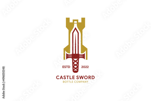 castle bottle sword logo design template using gold and red maroon colors isolated in white background