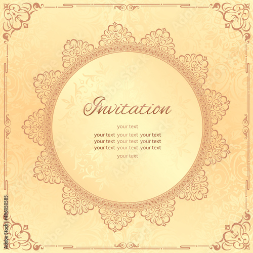 Vintage background mandala business card invitation with golden lace ornaments and art deco floral decorative elements
