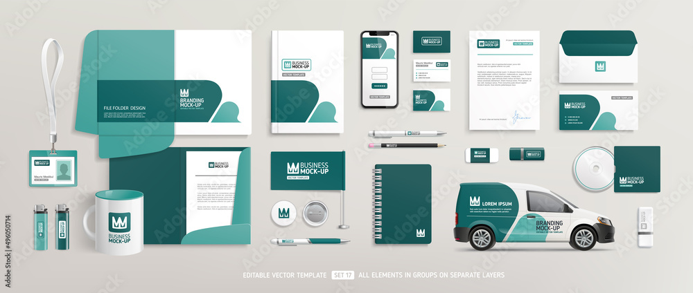 Brand Identity Mock-Up of stationery set with green and white abstract geometric design. Business office stationary mockup template of File folder, annual report, van car, brochure, corporate mug - obrazy, fototapety, plakaty 