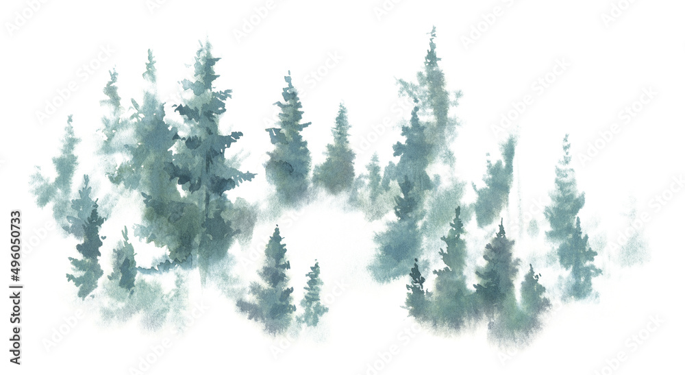 Watercolor background drawn landscape of foggy forest Wild nature, frozen, misty, taiga. Drawing of the blue forest, pine tree, spruce.