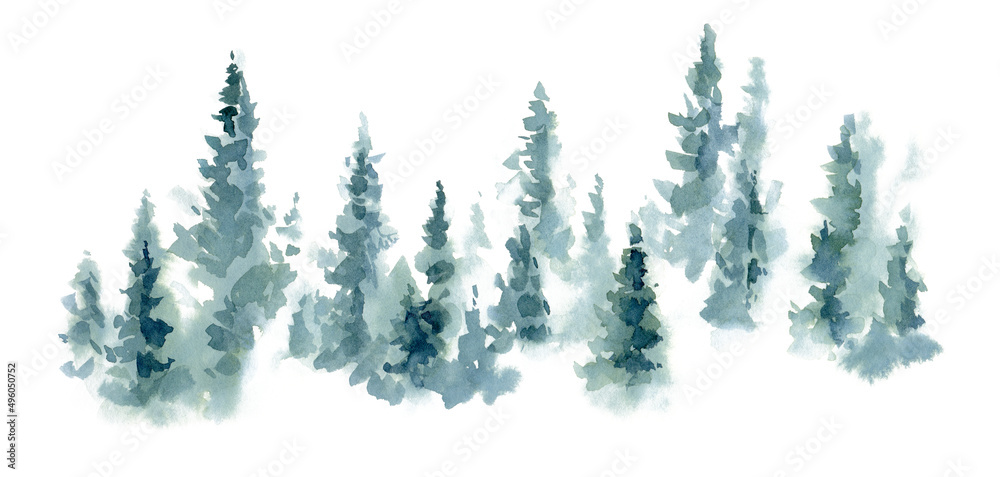 Watercolor background drawn landscape of foggy forest Wild nature, frozen, misty, taiga. Drawing of the blue forest, pine tree, spruce