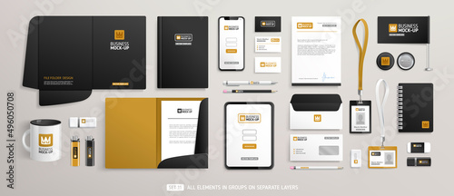 Stationery Brand Identity Mock-Up set with black and brown design. Business office stationary mockup template of File folder, annual report, envelope, brochure, tablet, souvenirs. Editable vector 