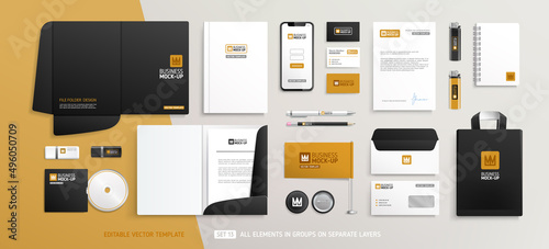 Office Stationery Brand Identity Mock-Up set with Crown logo design. Business stationary mockup template of File folder, annual report cover, bag, tablet,  brochure, souvenirs, etc. Editable vector 