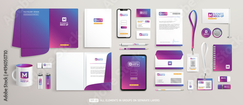 Office Stationery Brand Identity Mock-Up set with gradient background. Business stationary mockup template of File folder, annual report cover, envelope, brochure, souvenirs, etc. Editable vector 