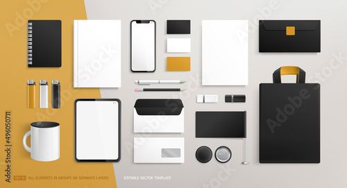 Office Stationery Brand Identity blank Mock-Up set white and black design. Business stationary mockup template of annual report cover, tablet display, bag, brochure, souvenirs. Editable vector 