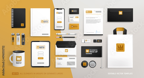 Stationery Brand Identity Mock-Up set with Crown logo design. Business office stationary mockup template of annual report cover, tablet display, bag, brochure, souvenirs, etc. Editable vector 