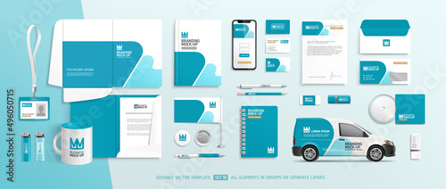 Stationery Brand Identity Mock-Up set with blue and white abstract design. Business stationary mockup template of File folder, annual report cover, van car, brochure, mug. Editable vector