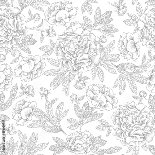 Hand drawn ink peonies. Seamless pattern of contour flowers.