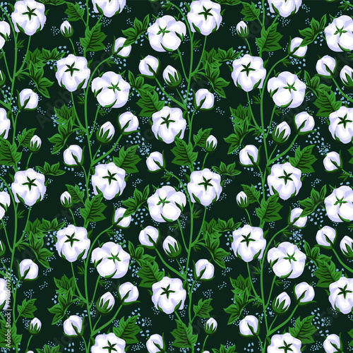 seamless pattern with beautiful branches and boxes of cotton. Background about natural and ecological materials. Texture for fabrics and wallpapers