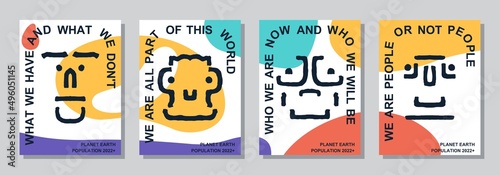 Set of posters with surrealistic portraits and philosophical slogans. Simple and understandable minimalistic graphics. Vector template