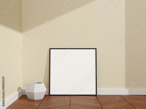 Minimalist and clean square black poster or photo frame mockup in a room wooden floor