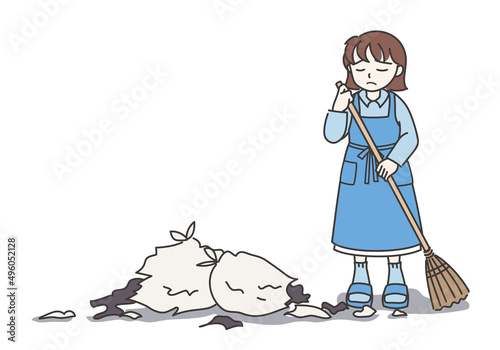 散らかされたゴミ捨て場を掃除するエプロン姿の女性A【カラー／壁なし】