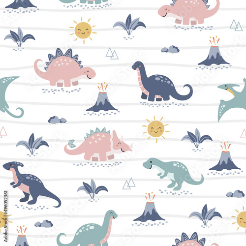 Seamless pattern Cute Dino Family, design for scrapbooking, decoration, cards, paper goods, background, wallpaper, wrapping, fabric and all your creative projects. Vector Illustration