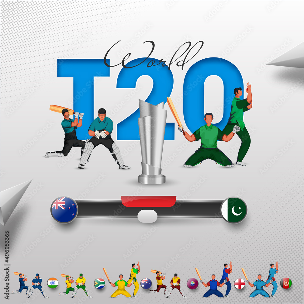 T20 World Cricket Match Participating Countries Teams With New Zealand VS Pakistan Highlights And 3D Silver Trophy Cup On Gray Background.