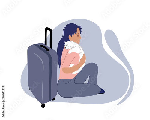 Upset or sad young woman or girl is sitting with a suitcase and a cat. Evacuation with a pet. Relocation during hostilities or states of emergency. Flat vector illustration