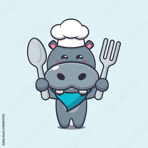cute hippo chef mascot cartoon character holding spoon and fork 