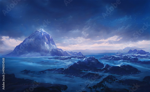 Fantastic Winter Epic Magical Landscape of Mountains ans see. Frozen nature. Glacier in the mountains. Mystic Valley. Artistic oil painting. Artwork sketch. Gaming background. Book Cover and Poster