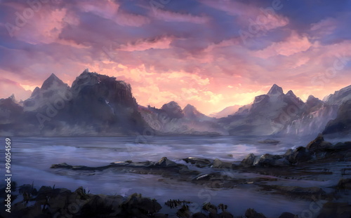 Fantastic Epic Magical Landscape of Mountains and lake. Celtic Medieval Summer nature. Mystic Valley. Artistic oil painting. Artwork sketch. Gaming background.  Book cover  poster