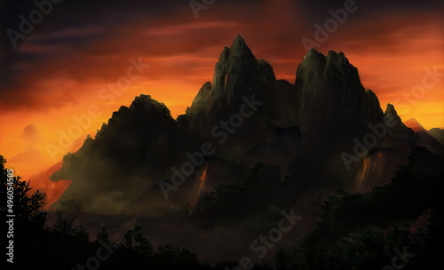 Fantasy epic magical mountain landscape. Mystic Valley. Artistic oil painting. Artwork sketch. Gaming background. Book cover, poster. Oil Painting. Celtic medieval summer nature