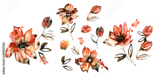 Watercolor vintage flowers. Floral elements for design of greeting cards, invitations. 
