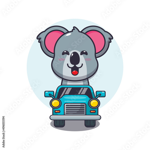 Photography cute koala mascot cartoon character ride on car