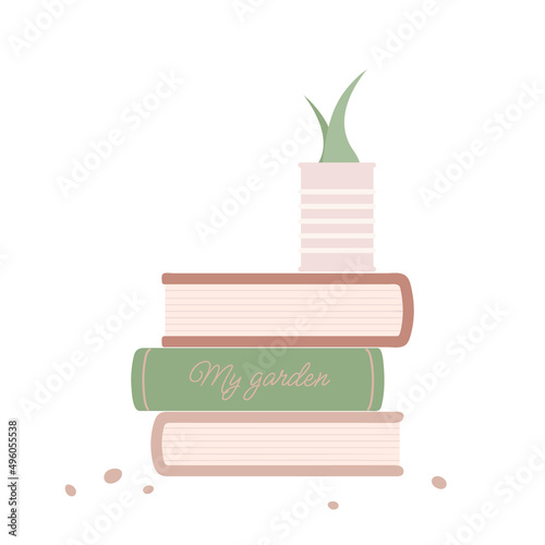 Stack of books My garden. Vegetable seedlings being potted in reuse tin cans. 