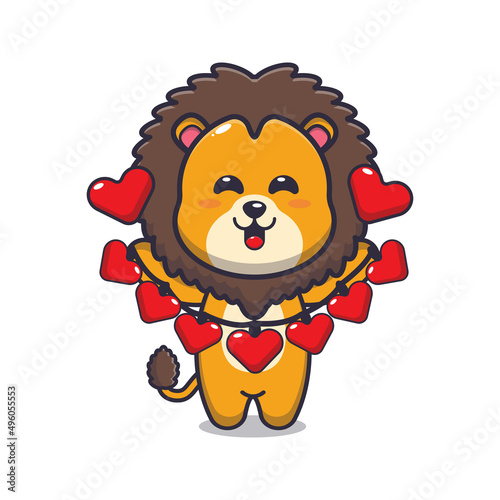 Fototapeta Naklejka Na Ścianę i Meble -  cute lion cartoon character holding love decoration