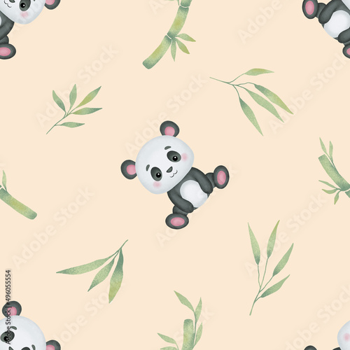 Cute panda and bamboo leaves seamless nursery pattern. Watercolor style vector