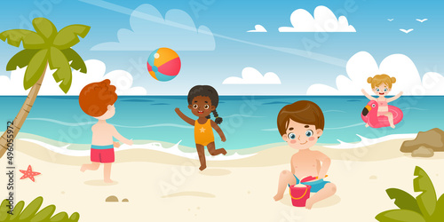 Cute kids playing on the sea coast. Adorable children on summer vacations. Toddlers on the beach. © Sonium_art