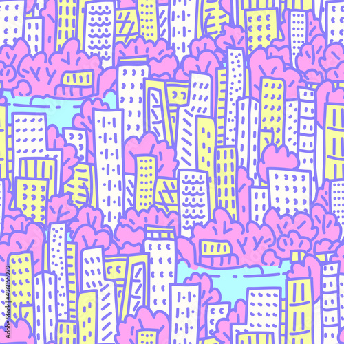 city metropolis in a doodle style seamless vector pattern. vector building landscape illustration