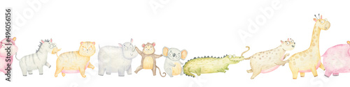 Photography seamless border pattern with wild animals, safari, watercolor children's illustr