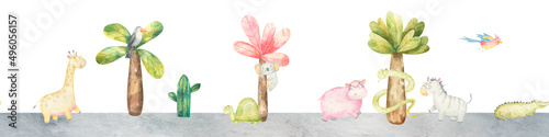 Photography seamless border pattern with wild animals and birds near palm trees and cacti, s