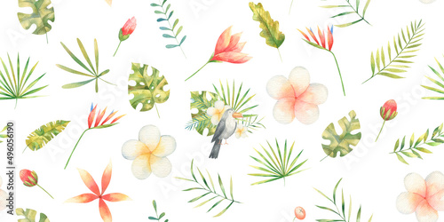 seamless pattern with birds black and tropical leaves with flowers  children s watercolor illustration  design  print