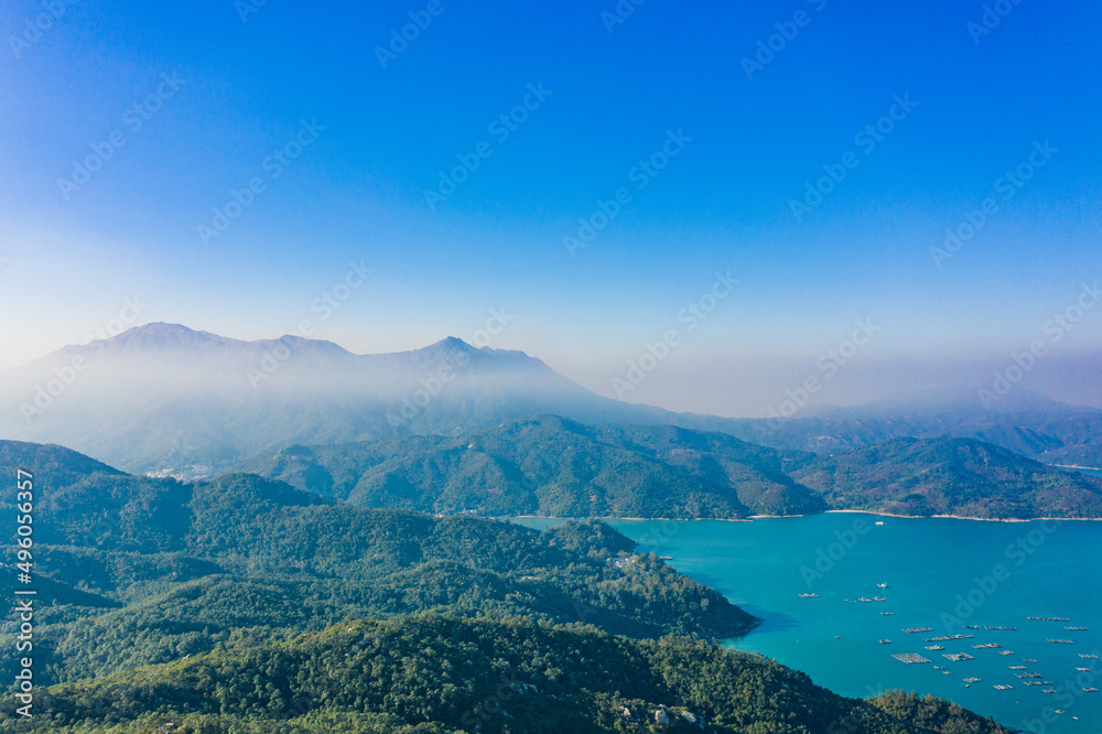 Misty mountain landscape in Sai Kung Country Park, near High Island Reservoir, Hong Kong