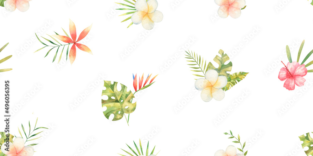 seamless pattern with tropical flowers and palm leaves, cute watercolor illustration on white background