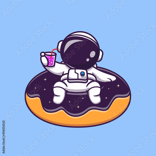 Cute Astronaut Floating On Space Donut Balloon Cartoon Vector Icon Illustration. Space Summer Icon Concept Isolated Premium Vector. Flat Cartoon Style