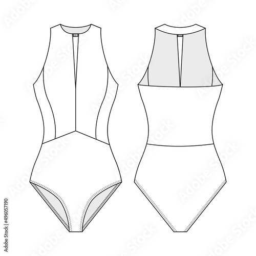 Fashion technical drawing of one piece halter swimsuit. Fashion flat illustration of swimsuit