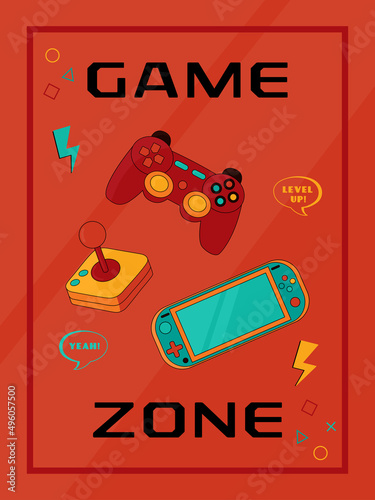 Poster with colorful vintage gamepads. Game zone