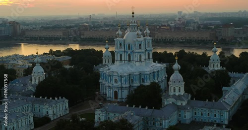 St. Petersburg Smolny Cathedral Sunset Dramatic Cityscape Downtown Russia Drone photo