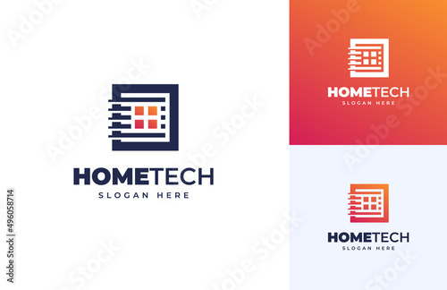 Home tech network idea security automation vector logo design, Creative tech building construction house logo design