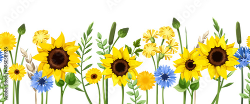 Horizontal seamless border with blue and yellow flowers with stems. Sunflowers, dandelion flowers, gerbera flowers, cornflowers, ears of wheat, and green leaves. Vector illustration
